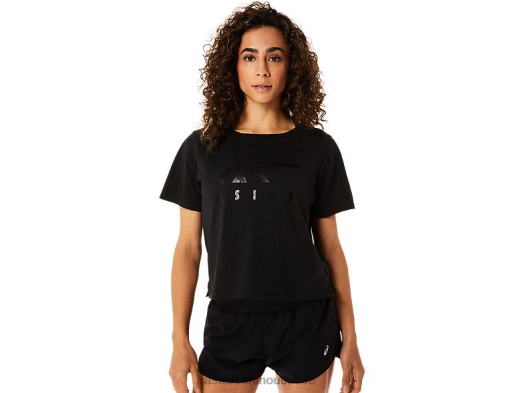 Gestreiftes, kurzärmliges, kastiges Damen-T-Shirt BL4N2815Asics Leistung schwarz