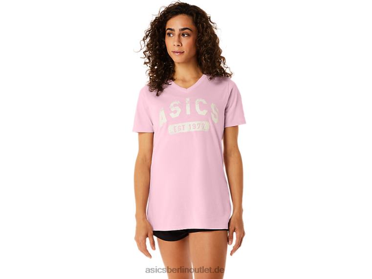 Kurzärmliges Damen-T-Shirt „Est 1977“ mit V-Ausschnitt BL4N2275Asics rosa Salz