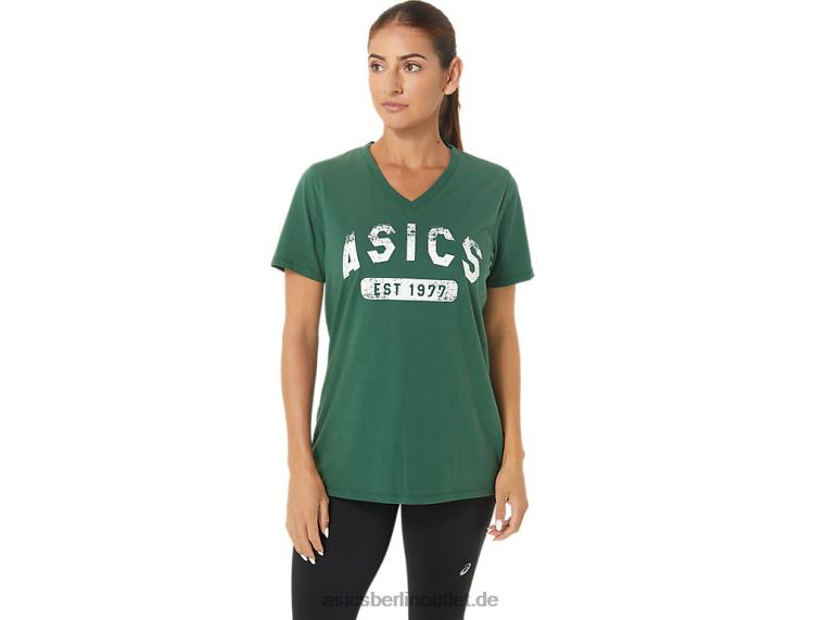 Kurzärmliges Damen-T-Shirt „Est 1977“ mit V-Ausschnitt BL4N2726Asics Jägergrünes Heidekraut