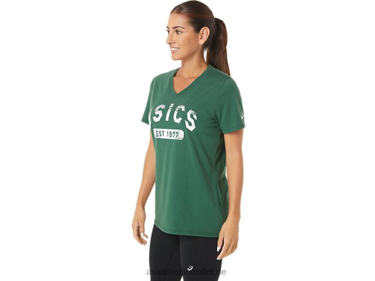 Kurzärmliges Damen-T-Shirt „Est 1977“ mit V-Ausschnitt BL4N2726Asics Jägergrünes Heidekraut