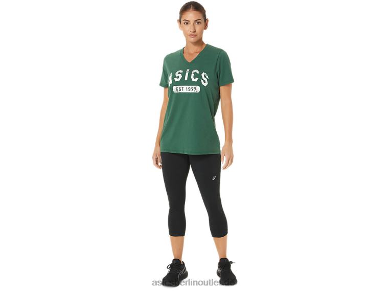 Kurzärmliges Damen-T-Shirt „Est 1977“ mit V-Ausschnitt BL4N2726Asics Jägergrünes Heidekraut