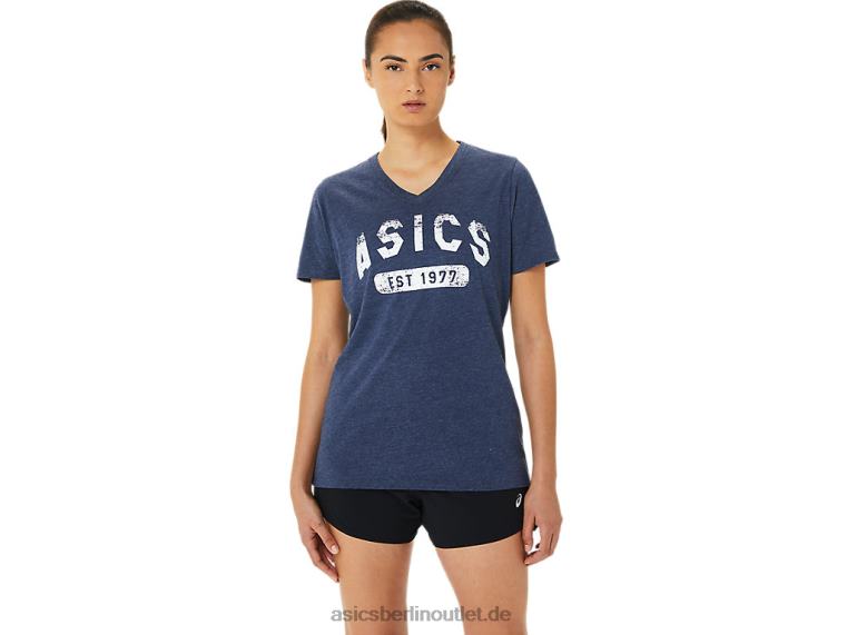 Kurzärmliges Damen-T-Shirt „Est 1977“ mit V-Ausschnitt BL4N3202Asics Peacoat-Heidekraut