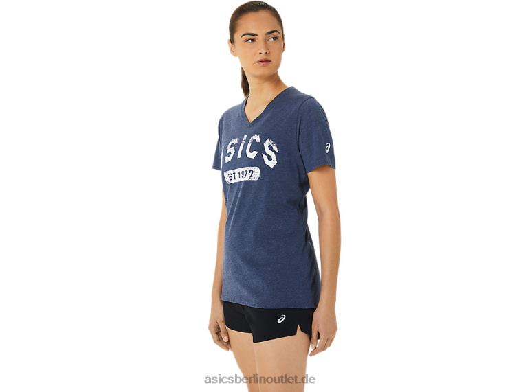 Kurzärmliges Damen-T-Shirt „Est 1977“ mit V-Ausschnitt BL4N3202Asics Peacoat-Heidekraut