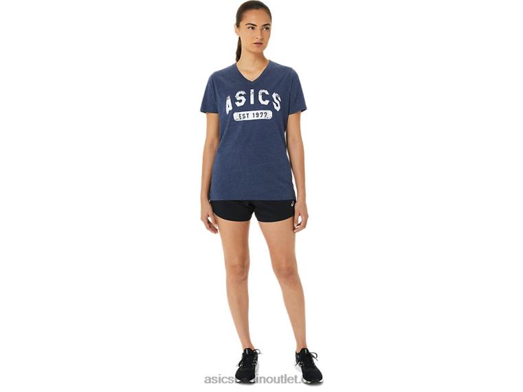 Kurzärmliges Damen-T-Shirt „Est 1977“ mit V-Ausschnitt BL4N3202Asics Peacoat-Heidekraut