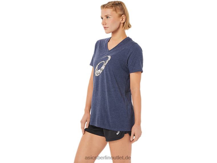 Kurzarm-V-Ausschnitt mit Kirschblütenmuster für Damen BL4N3733Asics Peacoat-Heidekraut