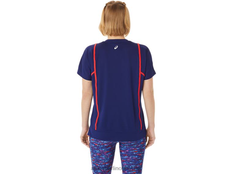 Neues Strong 92 Kurzarm-Top für Damen BL4N3056Asics Blauer/roter Tauchalarm