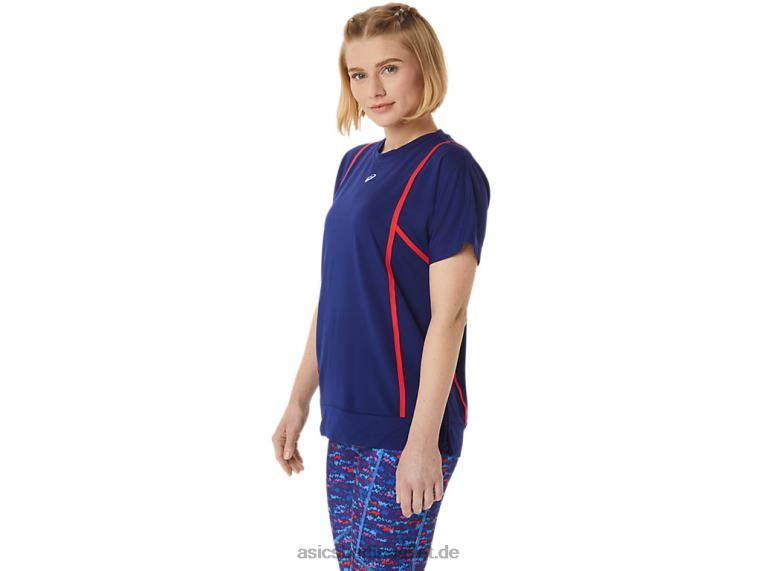 Neues Strong 92 Kurzarm-Top für Damen BL4N3056Asics Blauer/roter Tauchalarm