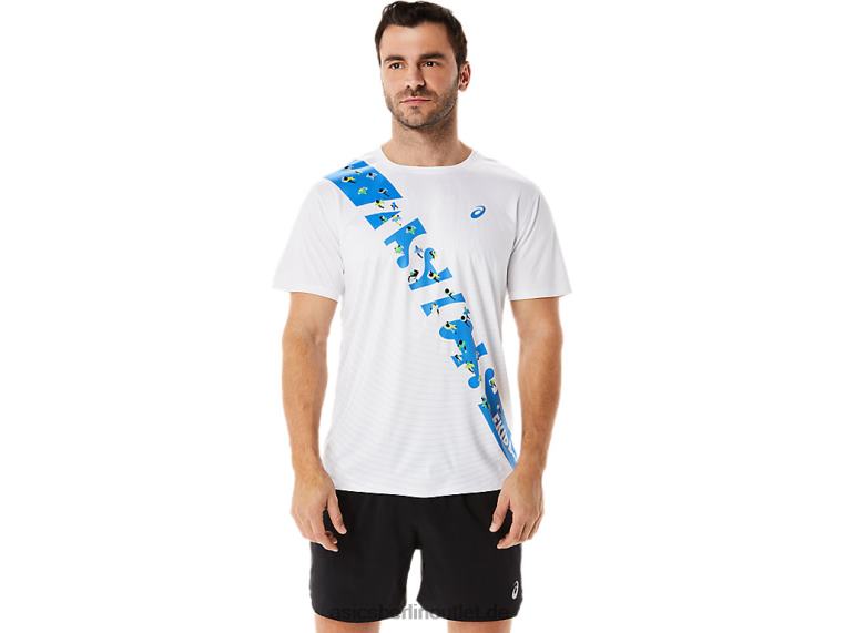 Herren-Ekiden-Kurzarmoberteil BL4N1101Asics strahlend weiß/blaue Küste