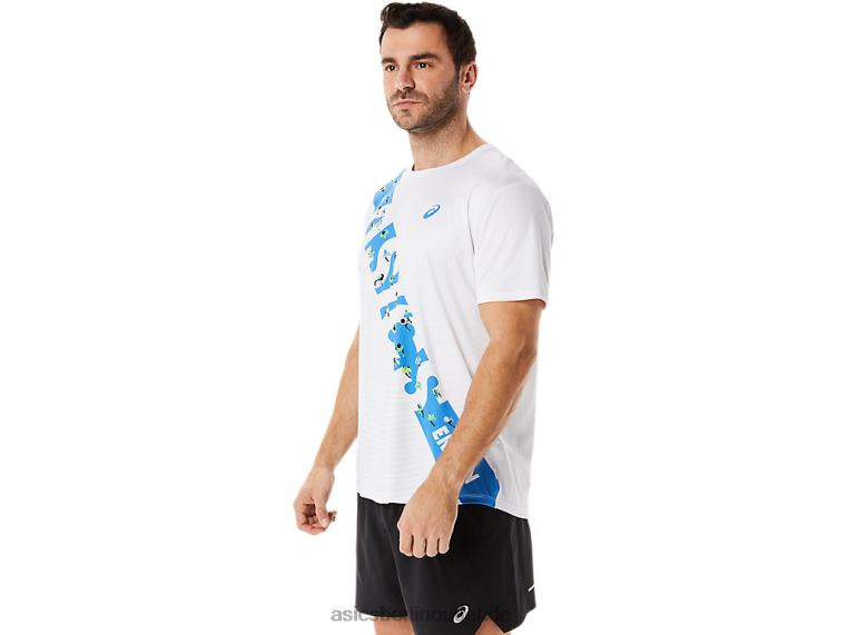 Herren-Ekiden-Kurzarmoberteil BL4N1101Asics strahlend weiß/blaue Küste