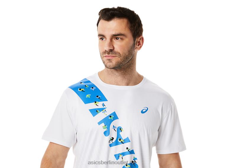 Herren-Ekiden-Kurzarmoberteil BL4N1101Asics strahlend weiß/blaue Küste