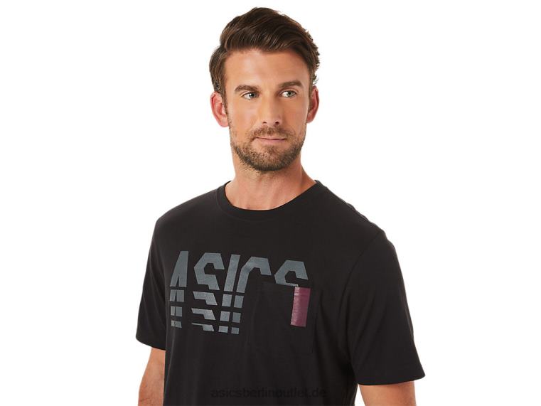 Kurzärmliges, gestreiftes Taschen-T-Shirt BL4N1650Asics Leistung schwarz